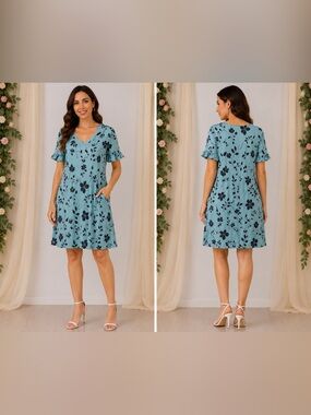 Blue Black Floral V Neck Ruffle Sleeve Pocket Dress Size Small NWT